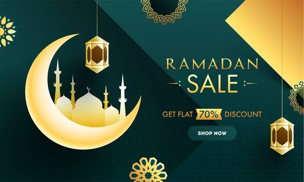 Verkaufskonzept Zum Islamischen Fastenmonat Ramadan Mit Goldenem Halbmond Moschee Und — Stockvektor