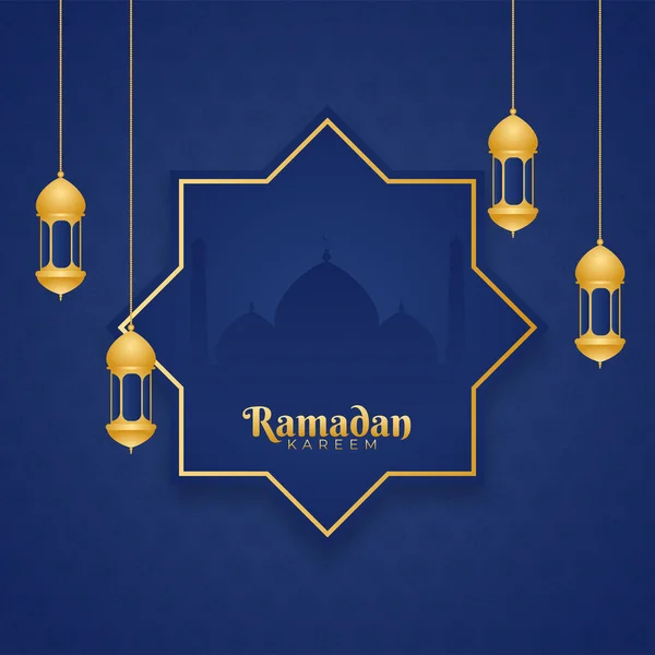 伊斯兰斋月卡里姆概念 挂着金灯笼和蓝色背景的清真寺轮廓 — 图库矢量图片