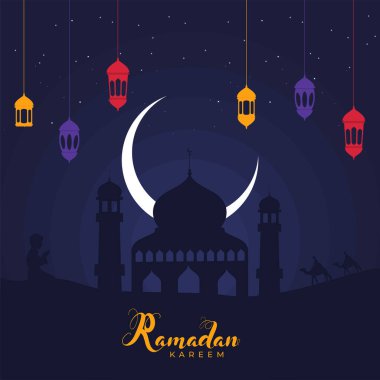 İslami Kutsal Ramazan Ayı Kareem Kavramı Mavi Arkaplan 'da Asılı Renkli Fenerler, Hilal Ay ve Cami Silüeti.