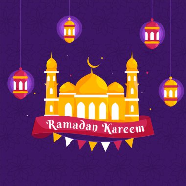 İslami Kutsal Ramazan Ayı Mor Arkaplanda Aydınlatma Fenerleri, Cami ve Bunting Bayrakları.