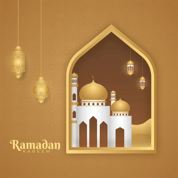 イスラム教の聖月ラマダーン カレームとモスク 茶色の背景に提灯 — ストックベクタ
