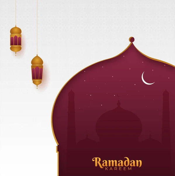 Islámský Svatý Měsíc Ramadánu Kareem Koncept Zavěšenými Lucernami Mešitou Silueta — Stockový vektor