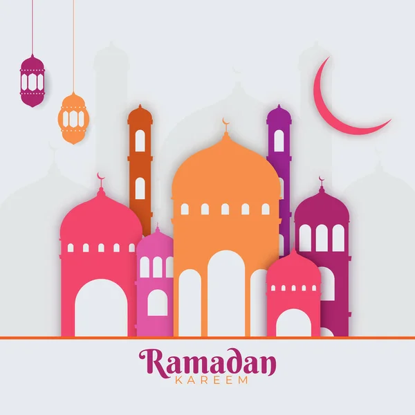 カラフルな紙のモスク ぶら下がっている提灯 灰色の背景に三日月とラマダーンカレームの概念のイスラム聖月 — ストックベクタ