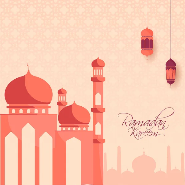 伊斯兰教斋月卡里姆概念与美丽的清真寺 挂在纹理背景上的灯笼 — 图库矢量图片
