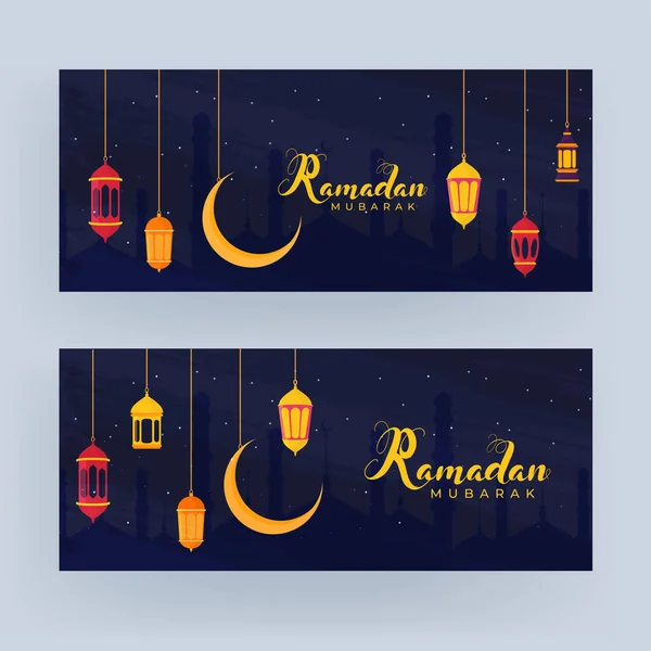 Islamic Holy Month Ramadan Banners Hanging Colorful Lanterns Golden Crescent — Stock Vector