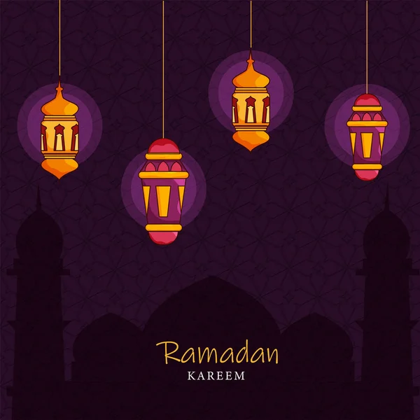 イスラム教の聖月ラマダーンのコンセプトと照明灯 紫の背景にモスクシルエット — ストックベクタ