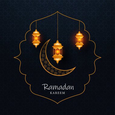 İslami Kutsal Ramazan Ayı Altın Işıklı Fenerler ve Mavi Arkaplanda Hilal Ay ile Kareem.