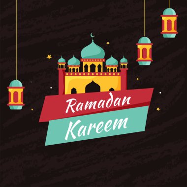 Aydınlatılmış Fenerli İslam Kutsal Ramazan Kareem Ayı ve Kahverengi Arkaplanda Güzel Cami.