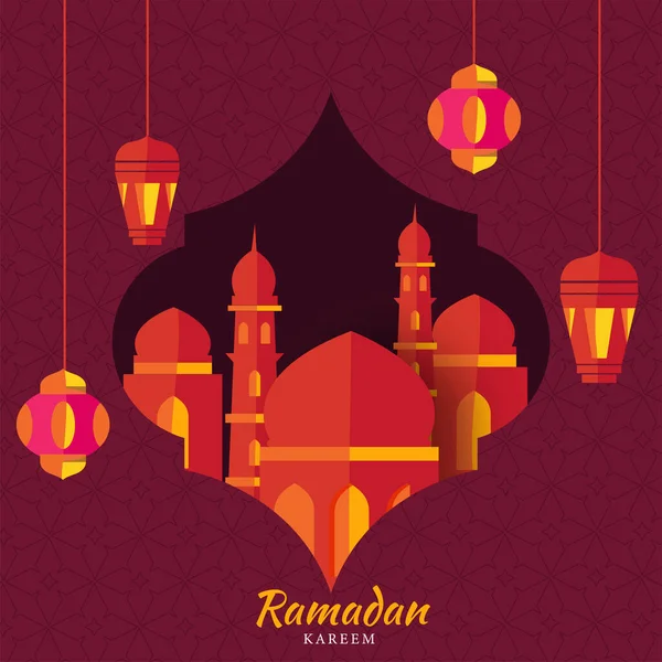 照明付きの提灯をぶら下げるとラマダーンの概念のイスラム聖なる月 ピンクの上のモスクテクスチャの背景 — ストックベクタ