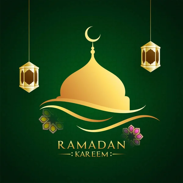 Golden Mosque Hanging Arabic Lantersn Flowers Green Background Ramadan Kareem — Stock Vector