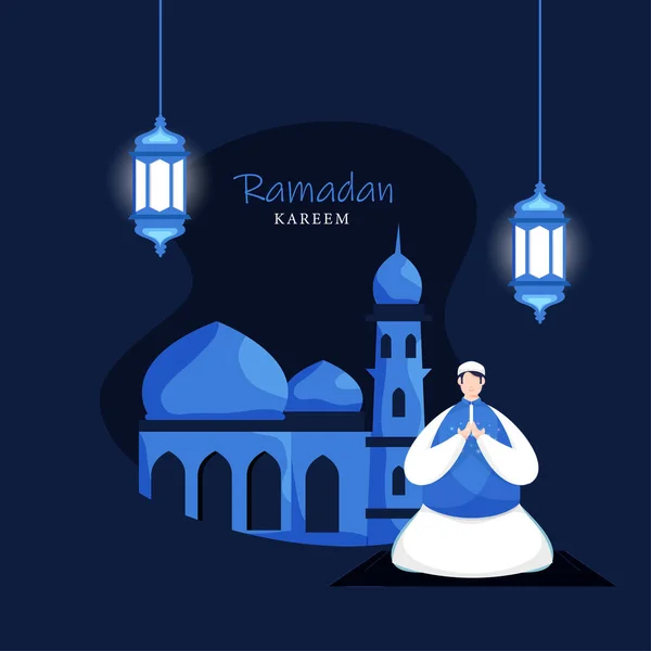 Ramadán Kareem Iszlám Szent Hónapja Megvilágított Lámpásokkal Mecsettel Muzulmánnal Namazt — Stock Vector