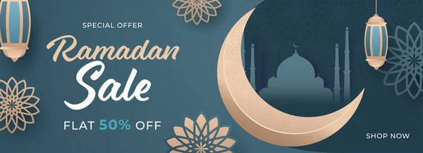 Mes Santo Islámico Ramadán Venta Banner Con Luna Media Luna — Archivo Imágenes Vectoriales