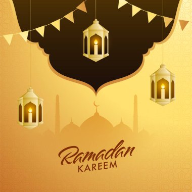 Arap altın fenerlerinin içindeki mumlar, cami silueti, İslami kutsal Ramazan ayı için kahverengi ve altın arkaplanlı bayraklar.. 