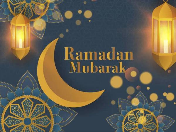 Islamski Święty Miesiąc Ramadan Mubarak Concept Złotym Półksiężycem Oświetlonymi Latarniami — Wektor stockowy