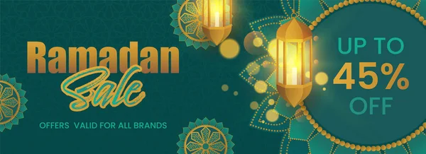 Ramadan Försäljning Banner Design Med Snygg Text Hängande Lyktor Grön — Stock vektor