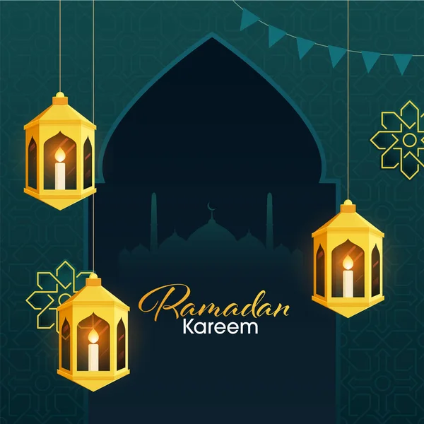 이슬람 라마단 행사를 연두색 무늬가 이슬람식 황금빛등 촛불을 이슬람 성월인 — 스톡 벡터