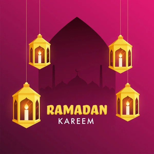 アラビア語の黄金の提灯の中にろうそくを灯し イスラム教の聖なる月ラマダーンカレームの機会のためのフクシア色の背景にモスクのシルエット — ストックベクタ