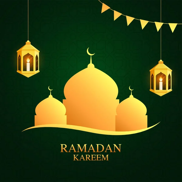 アラビア語の黄金の提灯の中にろうそくを灯し ラマダーン月のイスラム教の聖なる月の緑の背景に黄金のモスクの墓 — ストックベクタ