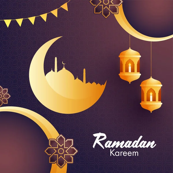 Croissant Lune Mosquée Lanternes Suspendues Motifs Floraux Pour Mois Sacré — Image vectorielle