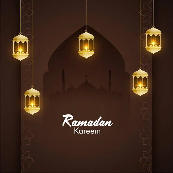 アラビア語の黄金の提灯の中にろうそくを灯し イスラム教の聖なる月ラマダーンの背景にモスクのシルエット — ストックベクタ