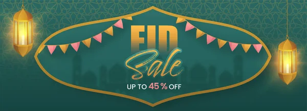 Banner Venta Eid Con Linterna Dorada Iluminada Colgante Sobre Fondo — Archivo Imágenes Vectoriales