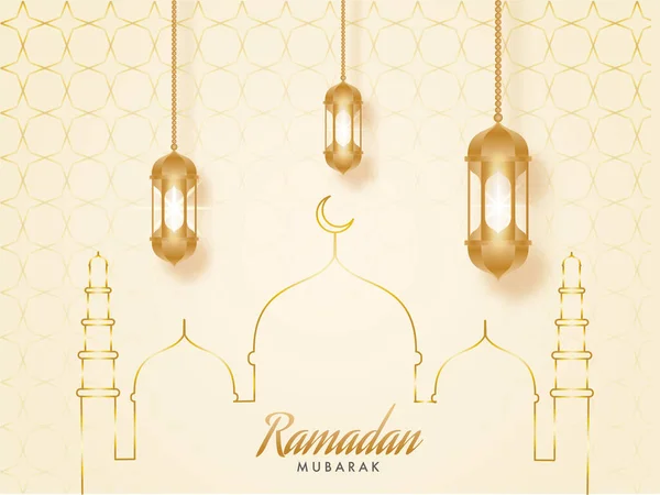 伊斯兰神圣的拉姆丹 穆巴拉克概念月 有挂着的金色灯笼和米色背景下清真寺的线条画图 — 图库矢量图片