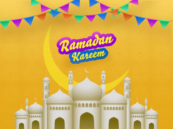 伊斯兰祈祷月 斋月卡里姆概念和精美的清真寺以及黄色背景的彩色彩旗 — 图库矢量图片