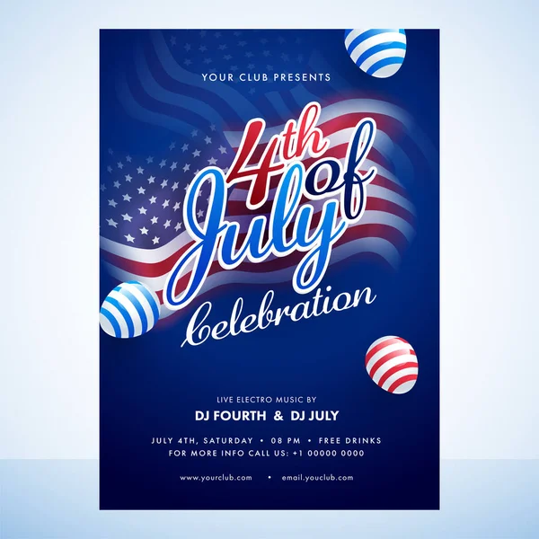 Juli Viering Uitnodiging Flyer Design Met Glanzende Ballonnen Event Details — Stockvector