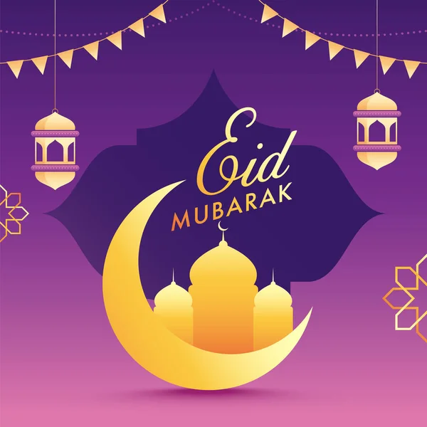 Eid Mubarak Poster Design Com Lua Crescente Mesquita Lanternas Árabes — Vetor de Stock