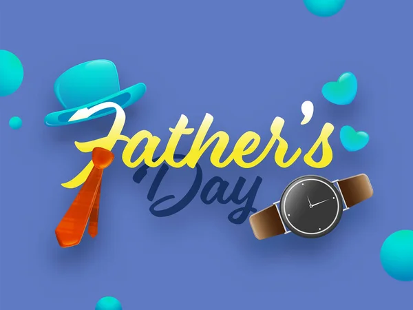 Fedoraの帽子と父の日のフォント ブルーの背景に赤いネクタイと腕時計 — ストックベクタ