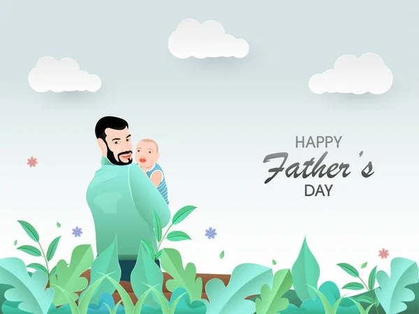 Štěstí Muž Drží Dítě Náručí Zelenými Listy Květiny Papírové Mraky — Stockový vektor