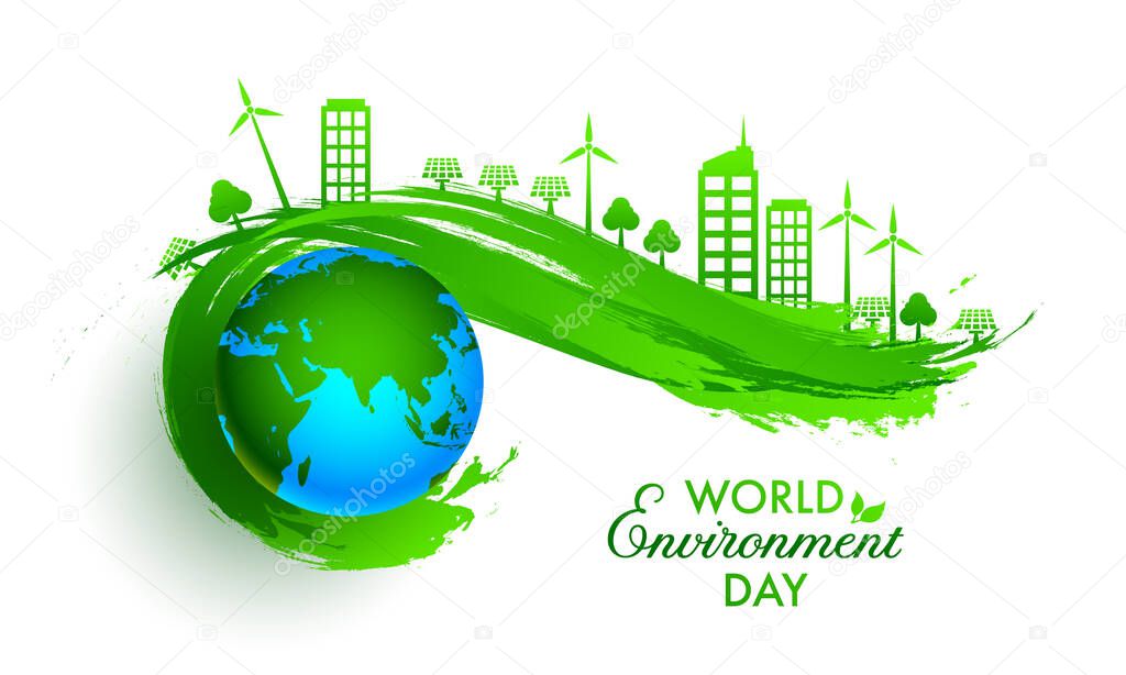Illustration of 3D Earth Globe with Green Brush Stroke and Eco City on White Background for World Environment Day Concept.