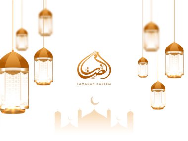 Arapça Bronz Ramazan Kaligrafi: Asılan Fenerler ve Beyaz Arkaplanda Siluet Camii.