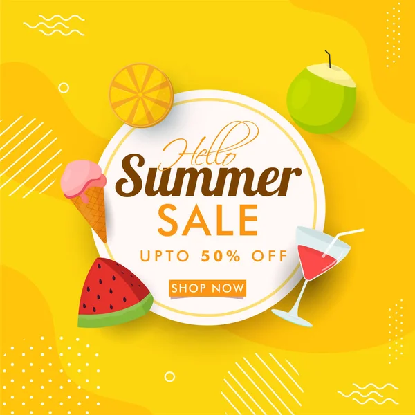 Sommerschlussverkauf Hintergrund Mit Kokosnuss Zitronenscheibe Eis Wassermelonenscheibe Und Softdrink Auf — Stockvektor