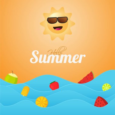 Merhaba Mutlu Güneş, Meyveler, Hindistancevizi İçeceği ve Kağıt Kesiği Dalgaları ve Portakal Arkaplan Üzerine Dondurma Yapıştırmalı Yaz Yazı Tipi.