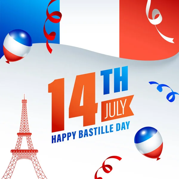 Juli Happy Bastille Day Text Mit Eiffelturm Monument Bändern Und — Stockvektor