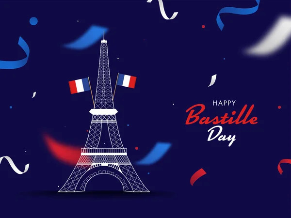 有埃菲尔铁塔纪念碑的快乐巴士底狱式字体和有Confetti装饰的紫色背景的法国国旗 — 图库矢量图片