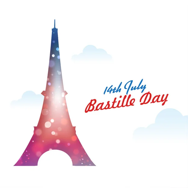 Juli Bastille Dag Kalligrafie Met Bokeh Effect Eiffeltoren Witte Achtergrond — Stockvector