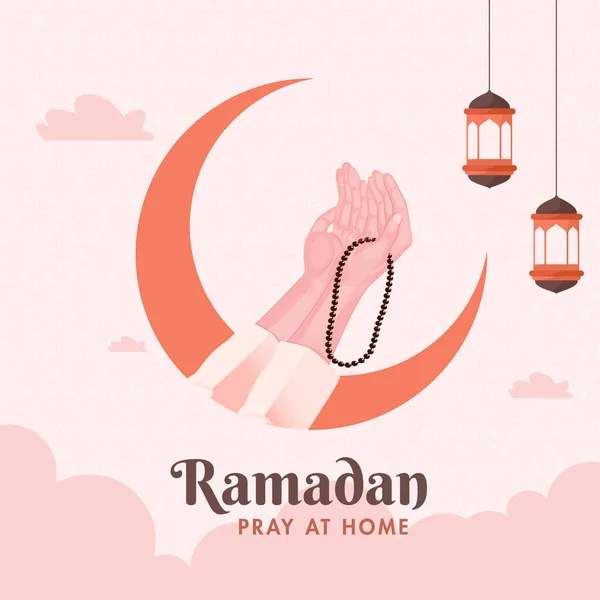Muslim Prayer Hands with Crescent Moon and Hanging Lanterns Decorated on Pastel Pink Floral Pattern Background for Ramadan Pray At Home.