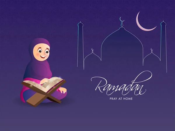 Mezquita Arte Con Luna Creciente Niña Musulmana Leyendo Corán Ramadán — Vector de stock