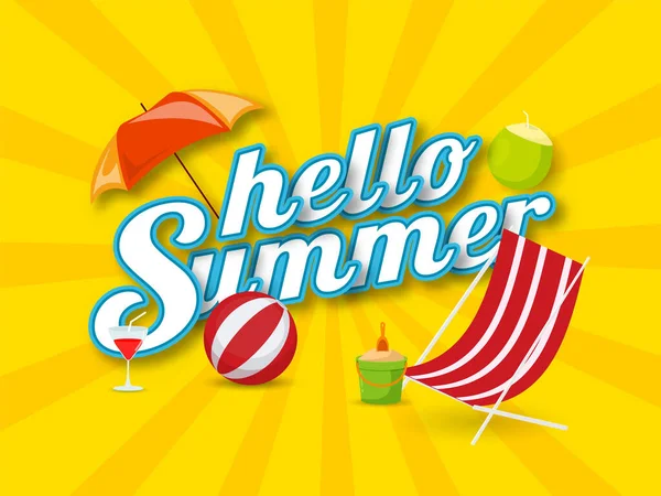 搭配雨伞 椰子饮料 鸡尾酒 满是沙子的篮子和黄道背景下的海滩椅子的更贴心的夏季字体 — 图库矢量图片