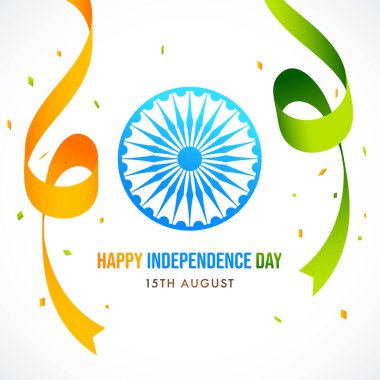 Mutlu Bağımsızlık Günü, 15 Ağustos Metni Mavi Ashoka Tekerleği, Safran ve Yeşil Kurdeleli Beyaz Arkaplan.