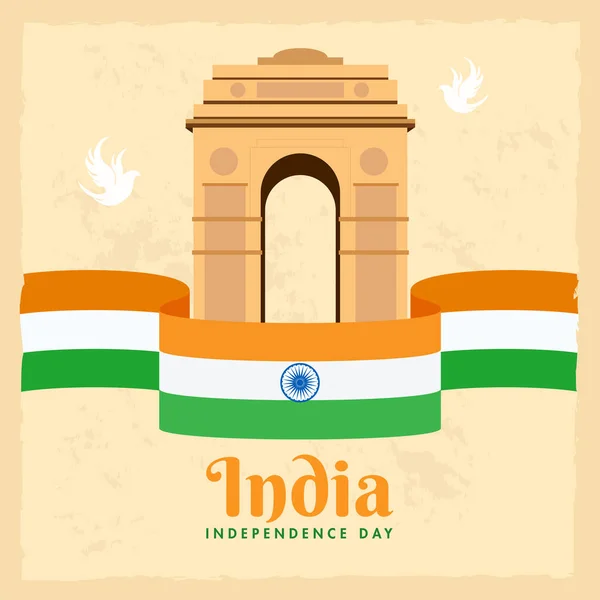 Illustration India Gate Monument Doves Indian Flag Ribbon Beige Background — Stock Vector