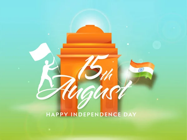 8月15日 喜庆独立日与印度门纪念碑的字体和在新蓝色和绿色背景上举着印度国旗的轮廓人物 — 图库矢量图片