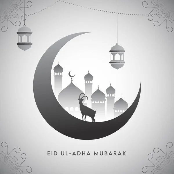 초승달의 Illustration Crescent Moon Mosque Silhouette Goat Hanging Lanterns Light — 스톡 벡터