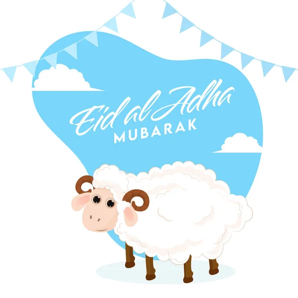 Шрифт Аль Адха Мубарак Карикатурными Овцами Флажками Абстрактном Синем Белом — стоковый вектор
