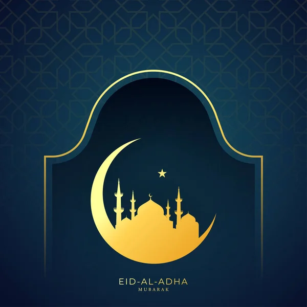 Eid Adha Mubarak Text Crescent Moon Star Mosque Blue Arabic — Stock Vector