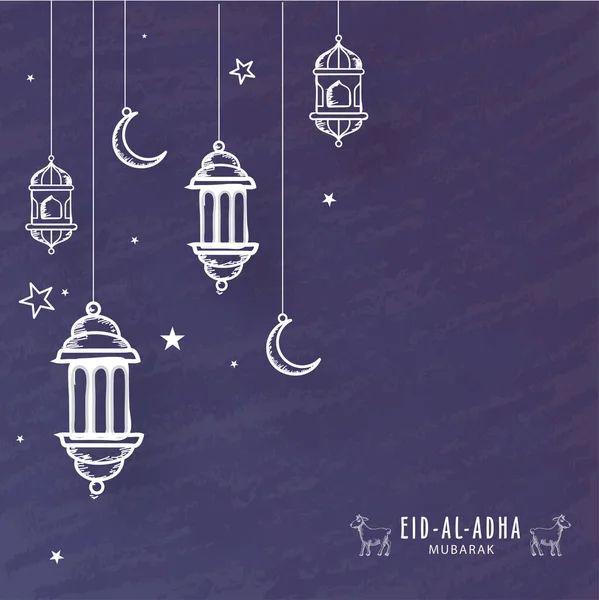 Lámparas Rascacielos Con Lunares Estrellas Decoradas Fondo Púrpura Para Eid — Vector de stock