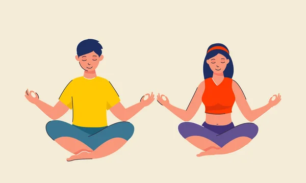 Genç Kız Oğlan Lotus Pozu Vererek Meditasyon Yapıyor — Stok Vektör