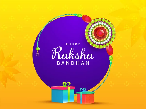 Happy Raksha Bandhan Font Con Pearl Rakhi Muñequera Cajas Regalo — Vector de stock